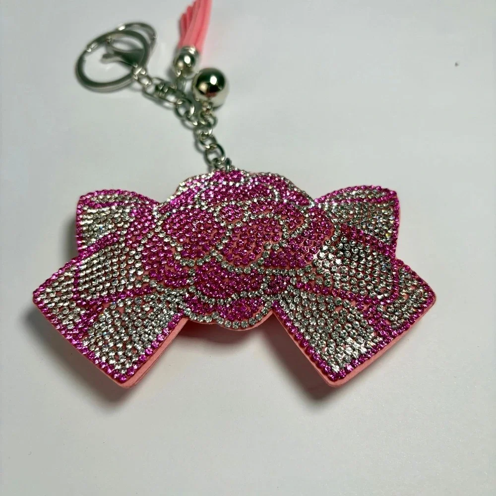 Sparkly Keychain Pink Rhinestone Bow Tassel Bell Bag Charm Coquette‎ Y2K Purse